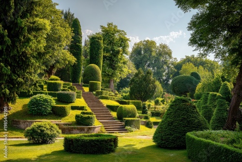 Lush, meticulously manicured garden with tiered hedges, stone steps, and varied topiary shapes