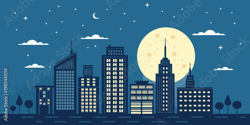 Global city skyline at night, flat vector illustration, dark blue sky with stars and moon