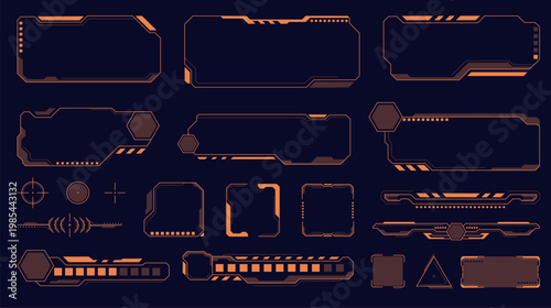 Interface futuristic frames. Sci fi game assets, hud elements, different geometric borders, dividers and indicators, hi tech text panels, UI navigation overlays header qualitative vector set
