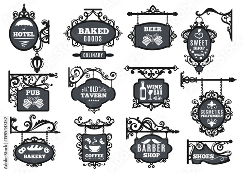 Hanging signboard emblems design. Street store, hotel, pab and bar signs, decorative elements, vintage metal frames, classic labels shopping, black plaque silhouettes, splendid vector set