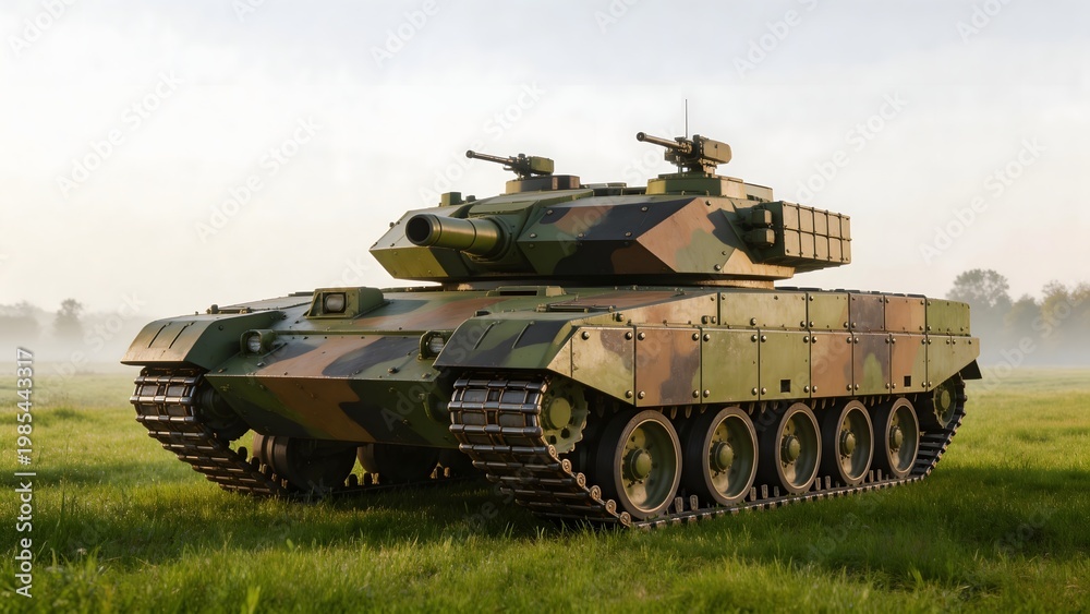 Fototapeta premium Military tank in grassy field