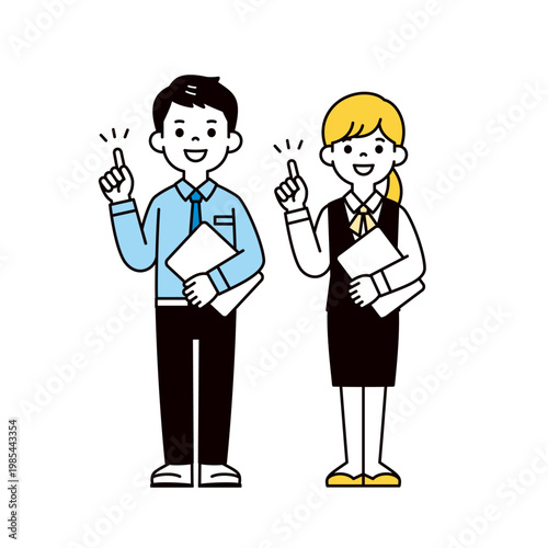 ラップトップを持って要点を解説する、男女のビジネスパーソンの全身ベクターイラスト素材セット