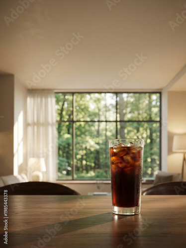 Iced Coffee by Window with Forest View – Relaxing Café and Nature Lifestyle Concept