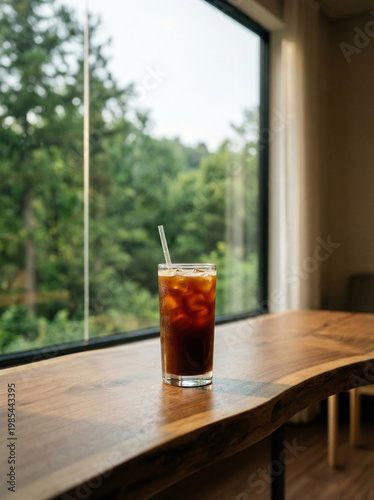 Iced Coffee by Window with Forest View – Relaxing Café and Nature Lifestyle Concept