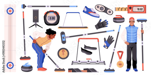 Curling winter sport game elements. Athletes with brushes, ice playground, sliding granite stones, professional players, brooms, stones and target equipment tidy vector cartoon isolated set
