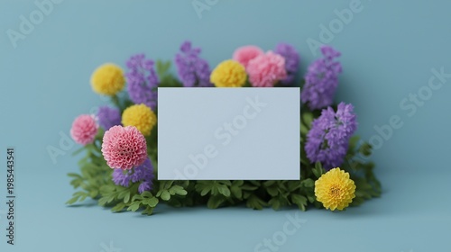A blank card is surrounded by neatly arranged flowers in a clean studio setup. Image represents design mockups, branding, and controlled floral compositions.