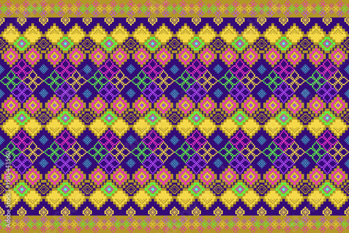 Colorful pixel-style geometric textile pattern inspired by traditional Thai weaving. Features yellow, purple, pink, and green tones. Ideal for fabric design, cultural art, and digital backgrounds.