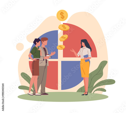 Consultative approach to sales. Advertising representative tells potential customers about product or service, people discussing money, investment planning vector cartoon isolated concept