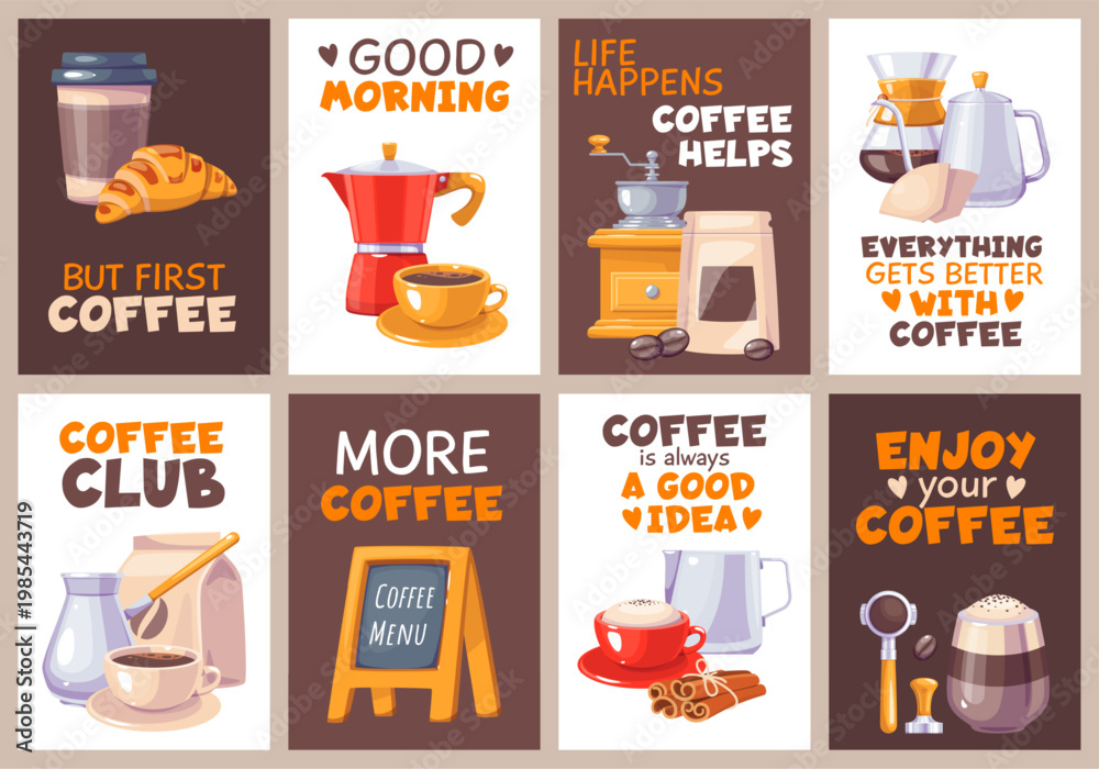 Obraz premium Coffee cards. Morning hot drink postcards, cute text design, cappuccino, espresso with croissant and cinnamon, cups and mugs, motivational posters classy vector cartoon isolated flyer set