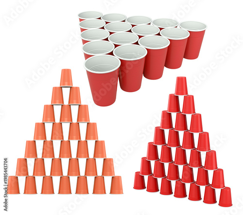 Colorful plastic cups arranged in triangle shapes and isolated on white, symbolizing party games and beverage fun