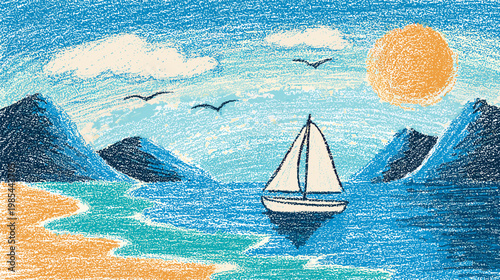 Sea coast kid drawing. Seashore crayon child hand drawn landscape, sail boat ocean blue water waves sand beach seagulls mountains pencil chalk art background vector illustration