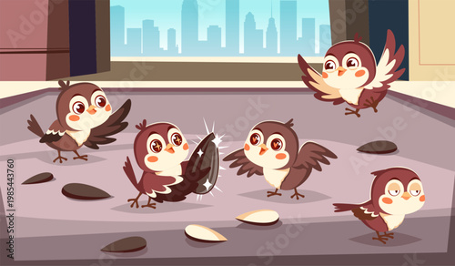 Cartoon city sparrows. Cute little birds peck sunflower seeds on street, funny feathered creatures, rooftop urban nature location, emotional animals, skyscrapers background tidy vector concept