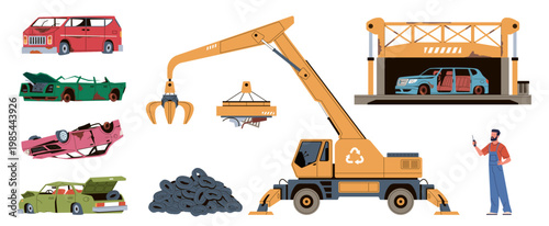 Car dump elements. Scrap metal, broken, damaged vehicle, rusty automobiles, crane magnet, worker in overalls, garbage metal recycling, industrial waste, nowaday vector cartoon isolated set