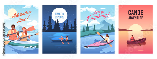 Canoe cards. Outdoor activities, rowing, rafting on mountain rivers, people in life jackets in boats, kayaks, water sports, inspirational or motivation poster tidy vector cartoon flat set