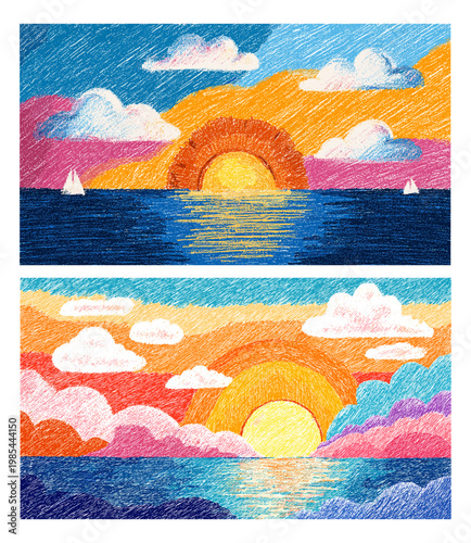 Sea sunrise crayon drawing. Morning sun ocean water horizont, childish hand drawn cloudy pink sky sail boat landscape colorful pencil chalk art background vector illustration