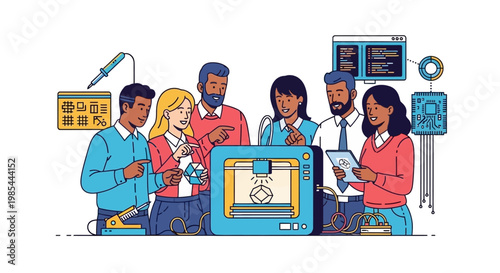 Diverse team collaborates around 3D printer innovation.