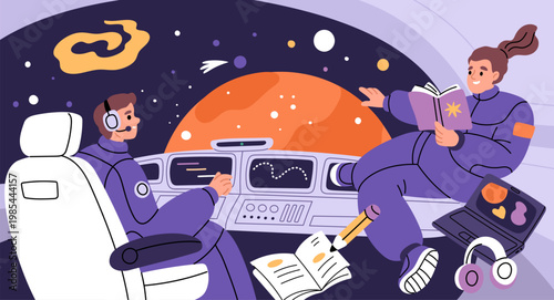 Astronauts in spacecraft cabine. Funny people floating in zero gravity, pilots at control panel, cosmos exploration, space travel, crew communication garish vector cartoon isolated concept