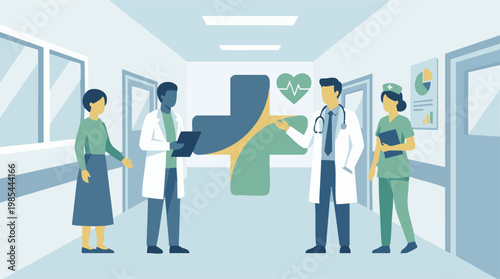 Healthcare team interacting with a patient in a modern hospital setting