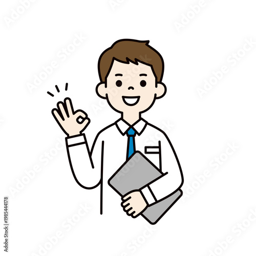 タブレットを持ってOKのハンドサインをする、若いビジネスマンの上半身ベクターイラスト素材