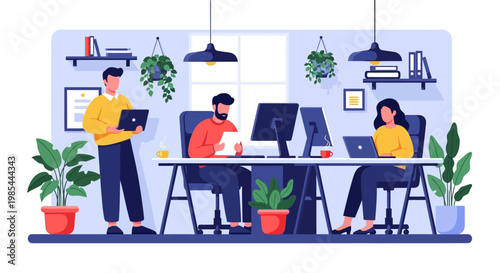 Diverse team collaborating in modern office environment.