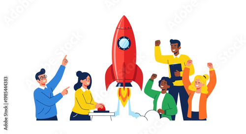 Diverse Team Launching Rocket Ship Symbolizing Startup Success.