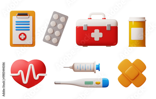3d cartoon medicine tools. Hospital, ambulance elements, plasticine or render style, thermometer, syringe, patch, pills in blister, medical healthcare aid classy vector isolated set