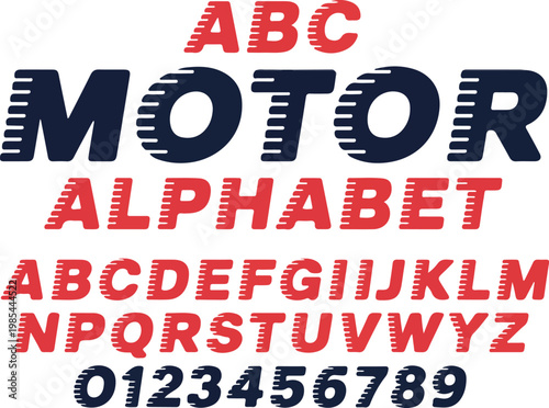 Motor alphabet and numbers in racing style font with speed lines, red and dark blue colors, uppercase letters.