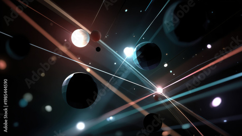 Space game background arcade style chaos abstract space scene with glowing light beam, dark planet sphere and cosmic energy motion, dynamic futuristic sci fi atmosphere