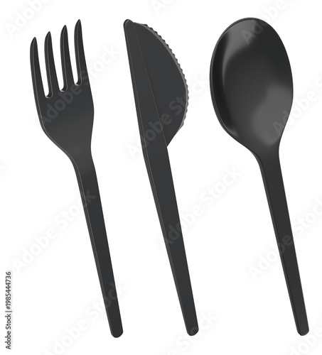 Set of plastic fork, knife, and spoon isolated on white background, representing disposable tableware concept