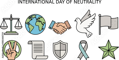 Collection of International Day of Neutrality icons representing peace, justice, agreement, and global cooperation