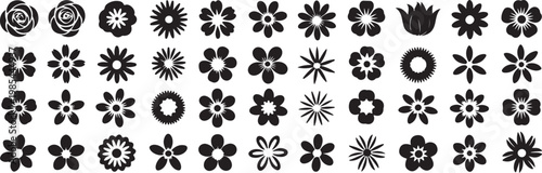 Collection of various black flower icons on transparent background nature floral botanical elements.