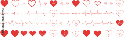 Heart and electrocardiogram lines in red on transparent background healthcare medical abstract symbols.