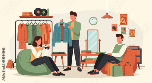 Fashion stylist helping clients choose outfits in a boutique.