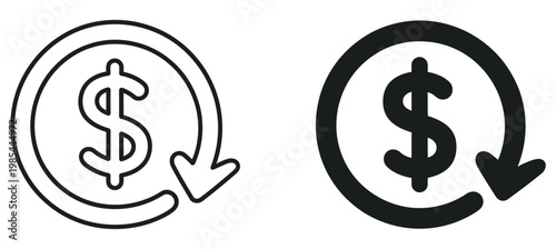 Cost reduction icon vector showcasing financial decrease symbols with falling dollar sign, profit reduction concept, downward trend graphics, expense cutting idea, clean minimal vector design