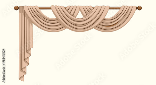 Elegant set of beige curtains with a decorative valance and long drapes hanging from a wooden rod with ornate end finials.
