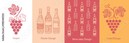 Grapes and wine bottle illustrations for label and poster presentation showing vineyard fruit and decorative bottle patterns set.