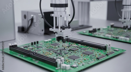 Close-up of a robotic arm assembling a green printed circuit board in a high-tech laboratory.
