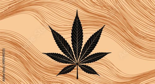 Black silhouette of a cannabis leaf centered over a decorative background of wavy brown lines representing nature or smoke.