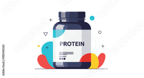 Protein powder supplement container in a dark bottle with a clean label design surrounded by abstract colorful geometric shapes.