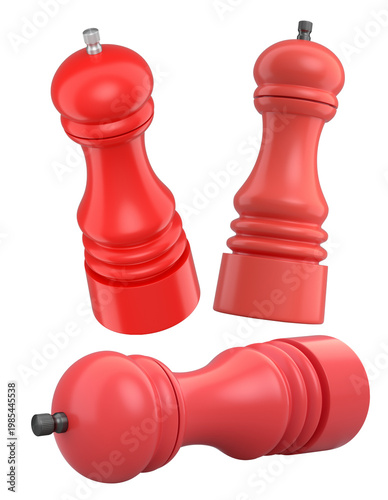 Set of colorful salt and pepper grinders isolated on a white background, concept of kitchen tools