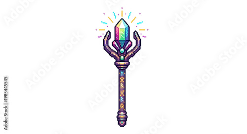 Magical Crystal Staff with Rainbow Gemstone and Ornate Handle.