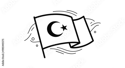 Simple black and white line drawing of the national flag of Turkey waving in the breeze with its iconic crescent moon and star.