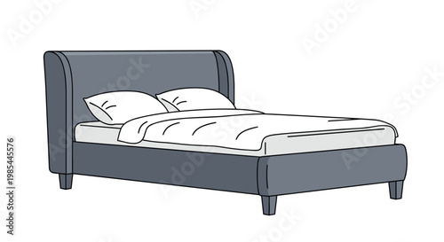 Modern upholstered bed frame in dark gray with fresh white linens and pillows shown on a clean white background scene.