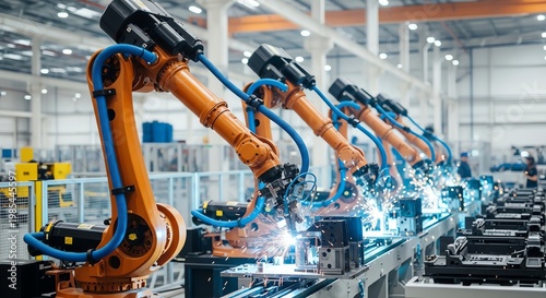 Automated robotic arms assembling products in a modern manufacturing facility.