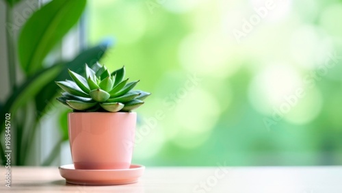 Succulent plant in pink pot on wooden surface