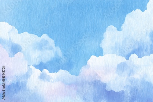 Minimal watercolor sky background with soft cumulus clouds