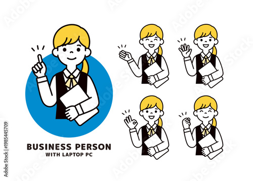 ラップトップを持ってポーズをする、制服を着た女性社員の上半身ベクターイラスト素材セット