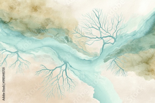 Minimal watercolor river veins on pale neutral background