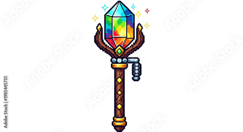 Magical Rainbow Crystal Staff Icon Fantasy Game Art.