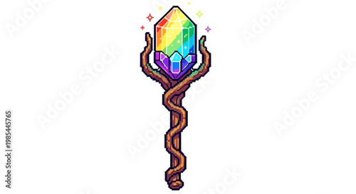 Magical Rainbow Crystal Staff with Twisting Wood Handle.